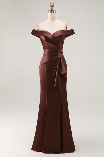 Brown Off The Shoulder Mermaid Satin Formal Dress With Draped Bow
